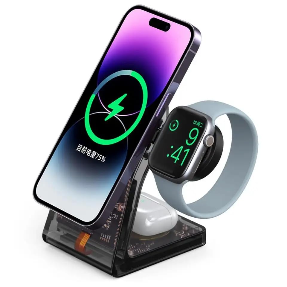 Wireless charging stand with smartphone, smartwatch, and headphones on a white background